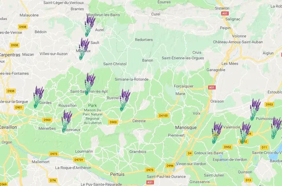 Mapa dos campos de lavanda da Provença